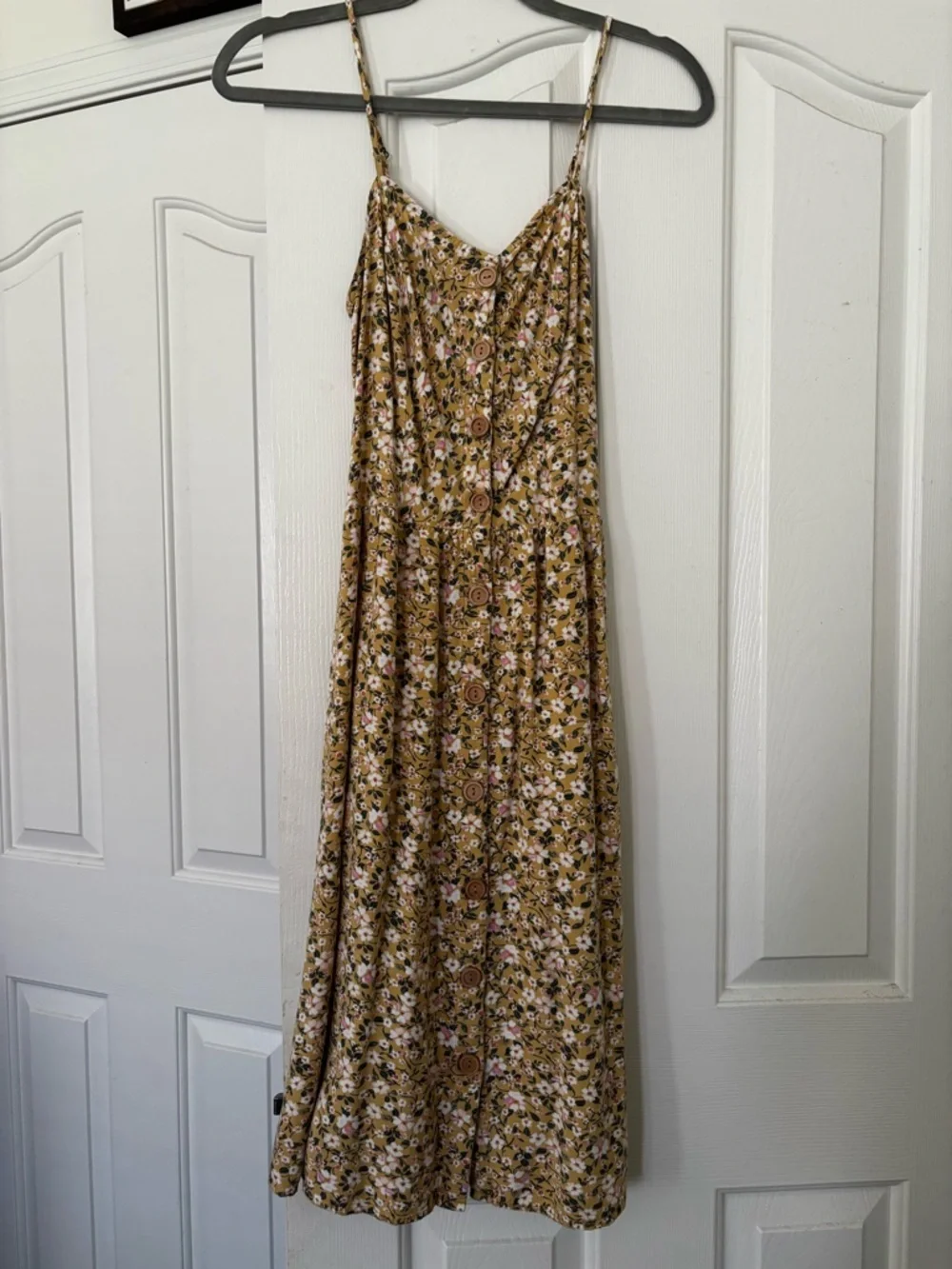 Mustard Floral Midi Dress with Pockets - Picture 2 of 3